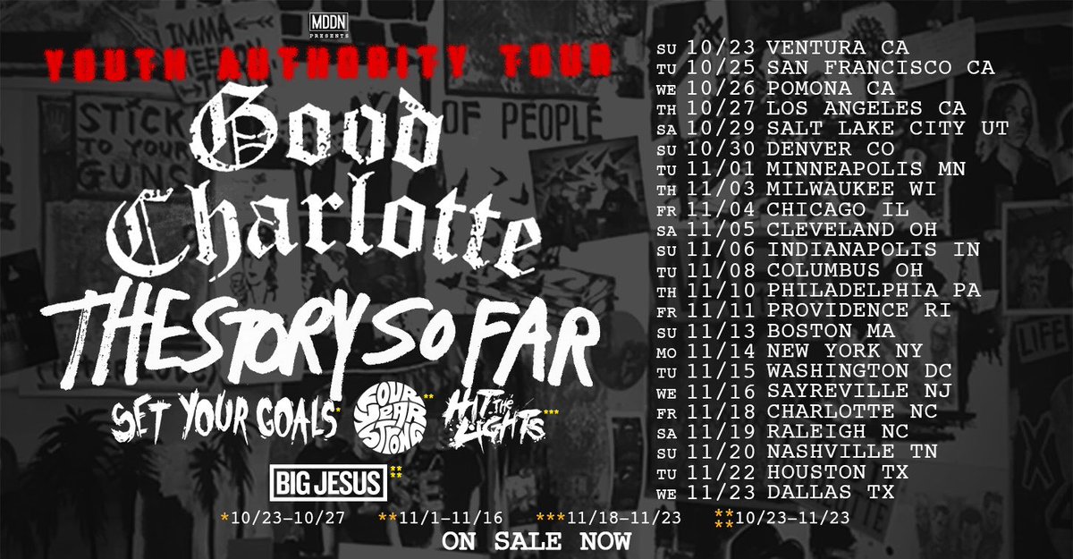 RT @GoodCharlotte: EAST COAST:
Tickets+VIP Packages for dates on the YOUTH AUTHORITY TOUR are available now at https://t.co/rLlGjulLk0! htt…