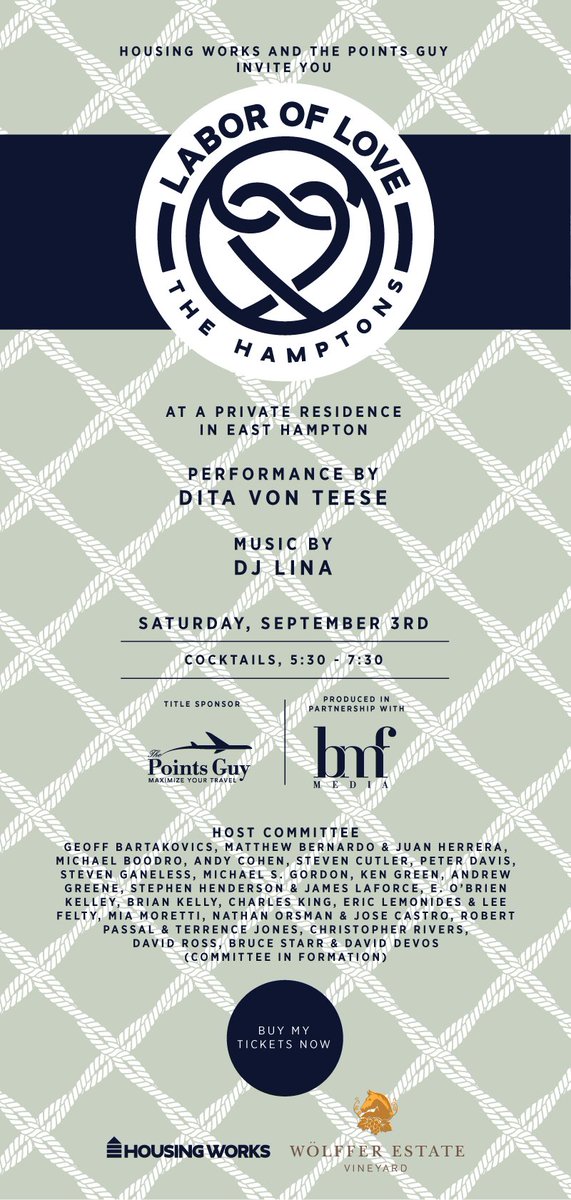 RT @thepointsguy: In the Hamptons for Labor Day? Come to my house to support @housingworks feat @DitaVonTeese! https://t.co/6v4GoXfKwP http…