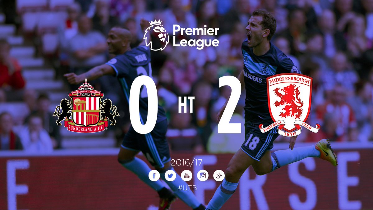 RT @Boro: HALF-TIME | #Boro lead @SunderlandAFC 2-0 at the Stadium of Light after two goals from @CristhianStuani! https://t.co/TU3iJcDpvQ