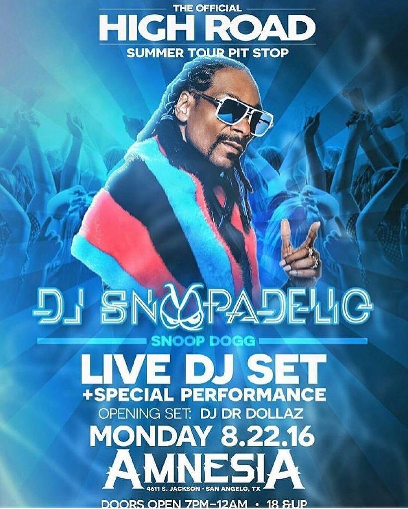 TONITE Official High Road Tour Pit Stop x SAN ANGELO TX x !????????????x DJ SNOOPADELIC x AMNESIA ????… https://t.co/TXJfix3nC7 https://t.co/25EdMFmPfQ