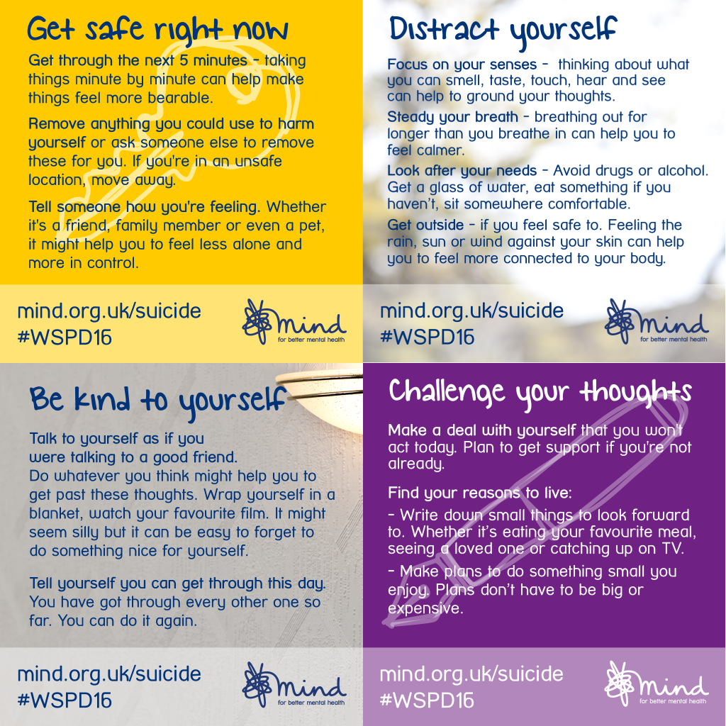 RT @MindCharity: Today is #WorldSuicidePreventionDay. Please share our tips on what you can do right now, if you're feeling suicidal. https…