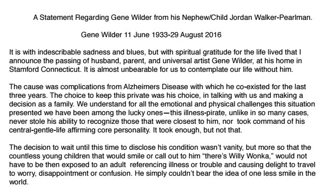RT @ditzkoff: A bittersweet statement on Gene Wilder from his nephew Jordan Walker Pearlman, why he kept his illness private. https://t.co/…