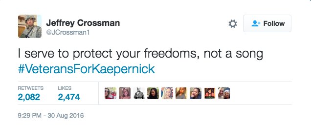 RT @attn: #VeteransForKaepernick are standing up for the NFL star’s right to sit during the national anthem. ???? https://t.co/aAz0iqvvYu