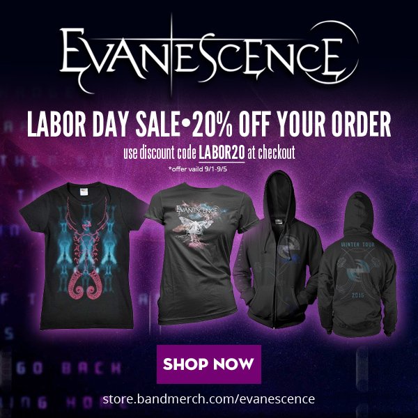 Get 20% off Evanescence merchandise in our store over Labor Day weekend. Use discount code LABOR20. https://t.co/ZAfKtc5crM