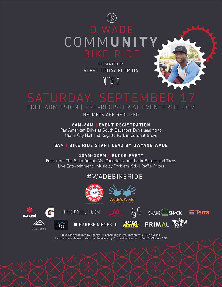 RT @DwyaneWade: Join me 9/17 on a Community Bike Ride promoting Bike Safety & Community Unity https://t.co/Hcl8gAT7ey #WadeBikeRide https:/…