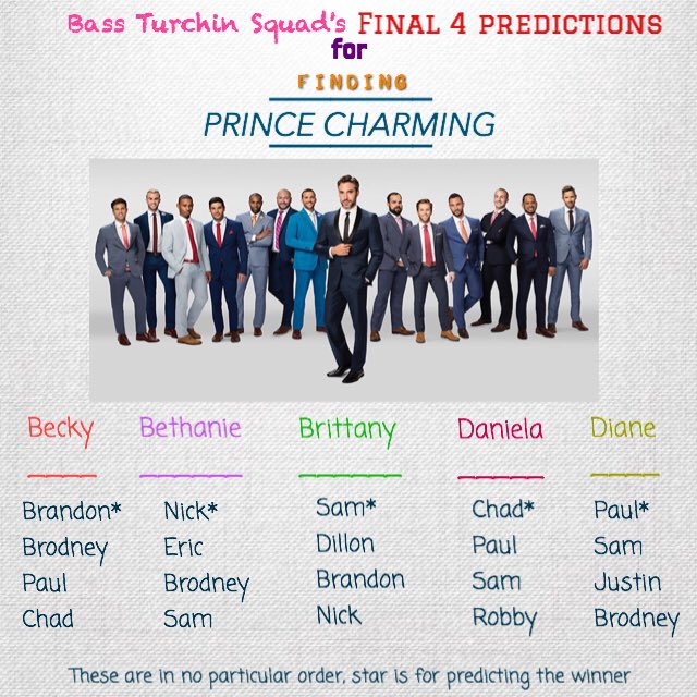 RT @BassTurchNsquad: Our #FindingPrinceCharming predictions! Who will come the closest to predicting the final 4? We'll see! ????❤️ https://t.…