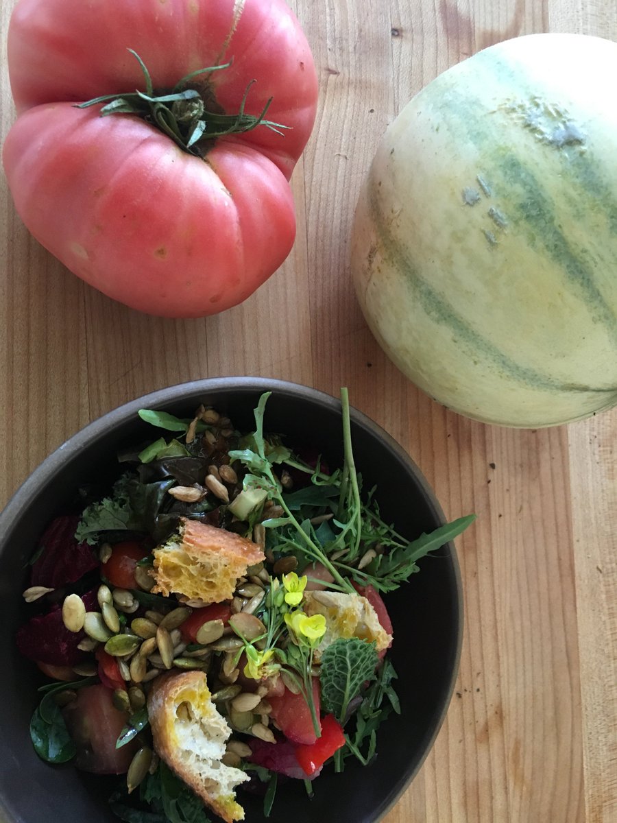 My #LaborDay salad fresh from our garden- melons, tomatoes, cucumbers, arugula,  kale, broccoli leaves,& more.. Yum! https://t.co/8kSjwfF45B