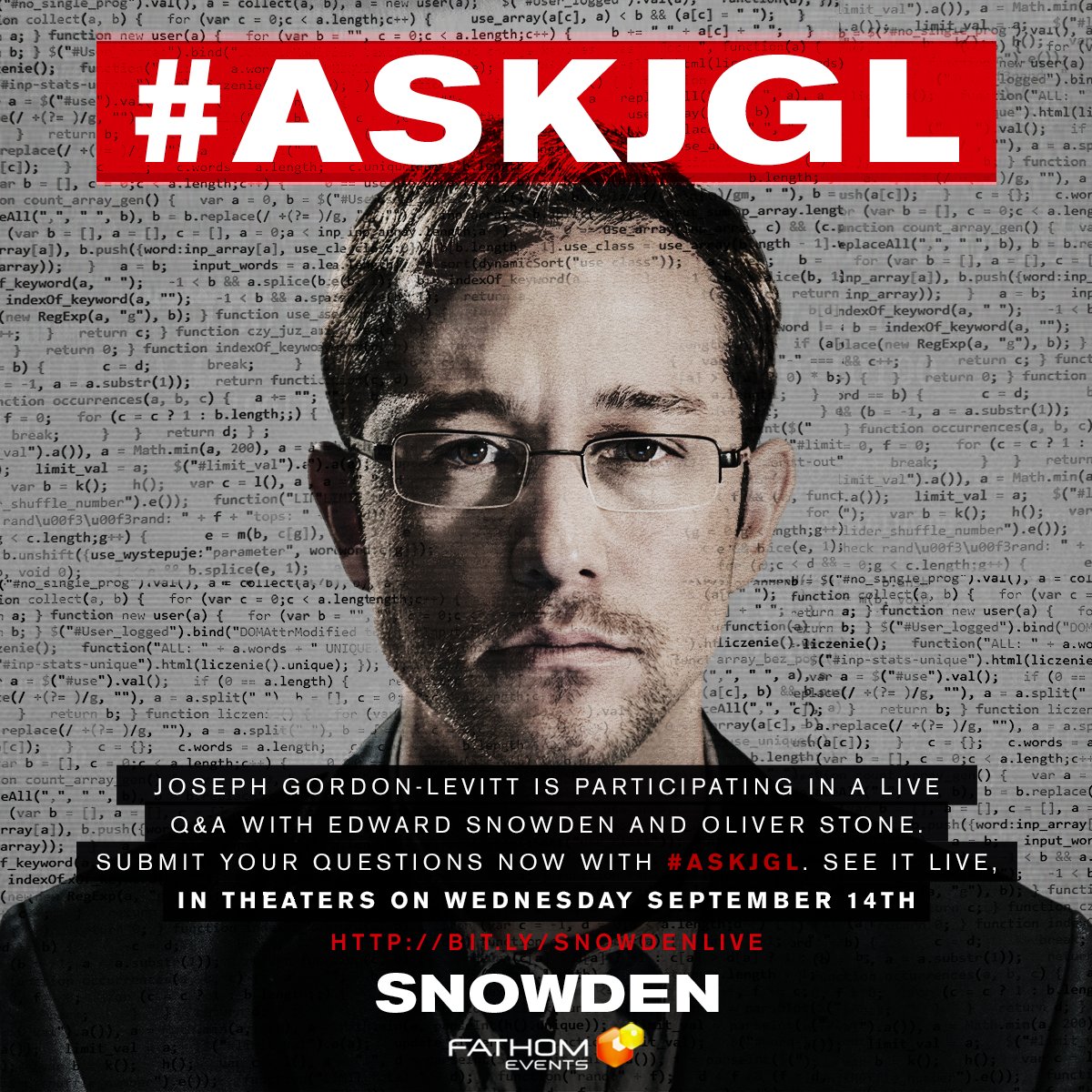 RT @SnowdenTheMovie: Use #AskJGL to ask @hitRECordJoe questions & he will answer during his Q&A w/ @Snowden 9/14. https://t.co/gvFDZoxNsi h…