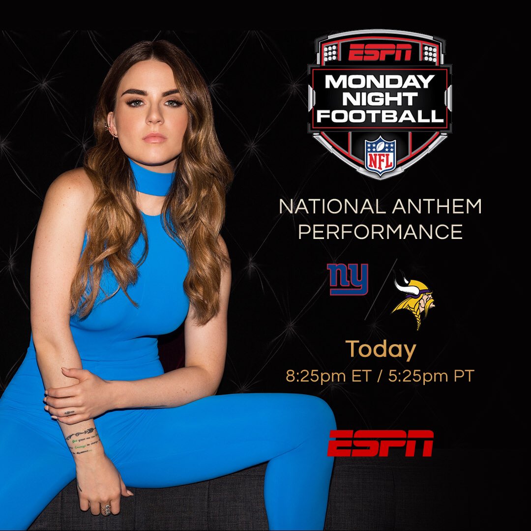 Watch @espn tonight. I'll be performing the National Anthem at the @Giants vs. @Vikings Monday Night Football game ???? https://t.co/IuXAsmflMr
