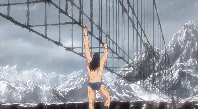 #タイガーマスクW 1話で虎の穴の過酷な訓練を受ける藤井タクマは最後に冬山で板がないつり橋を素手で渡るシーンがある。実は #タイガーマスクW 1話で虎の穴の過酷な訓練を受ける藤井タクマは最後に冬山で板がないつり橋を素手で渡るシーンがある。実は