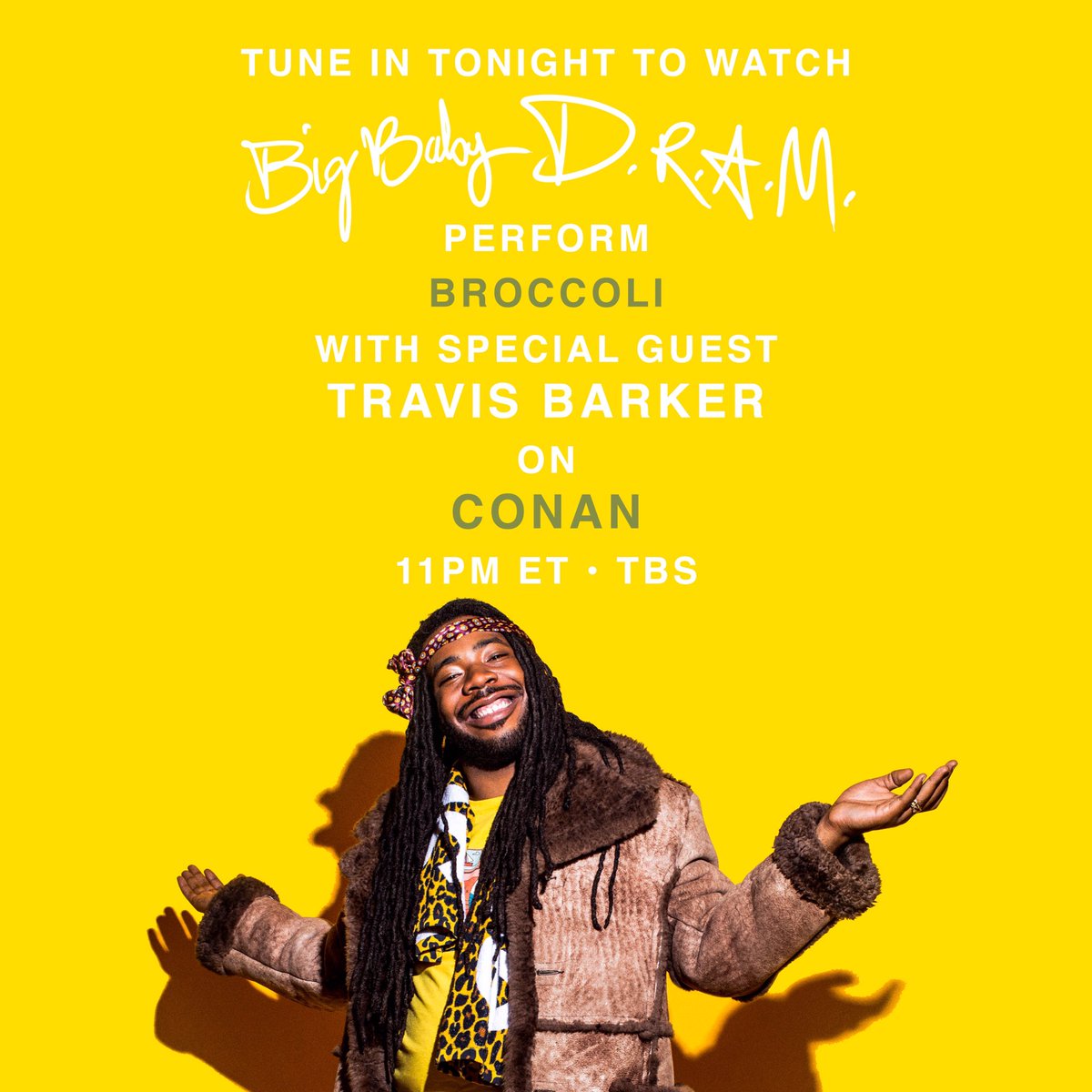 RT @BIGBABYDRAM: Performing BROCCOLI with the one and only @TravisBarker tonight on #Conan! 11pm EST on TBS.???????????? https://t.co/VOULKCZOPX