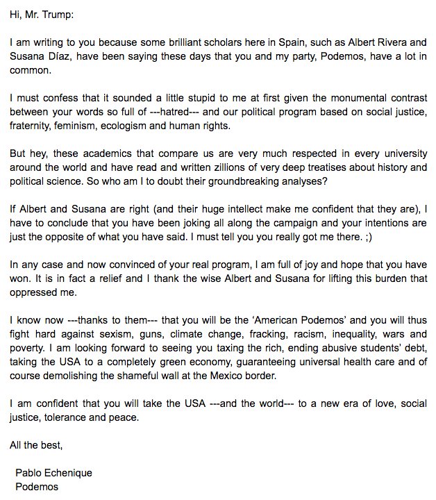 Siguen las bufonadas: Echenique twittea una carta que ha escrito a Trump en la que se mete con Susana Díaz y Rivera