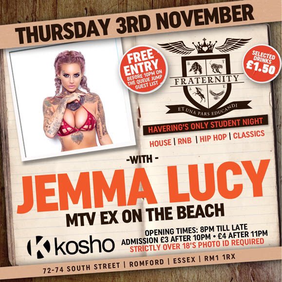 RT @FraternityEssex: @mtvex @jem_lucy is with us this coming Thursday @koshobar https://t.co/f1EMosejNA
