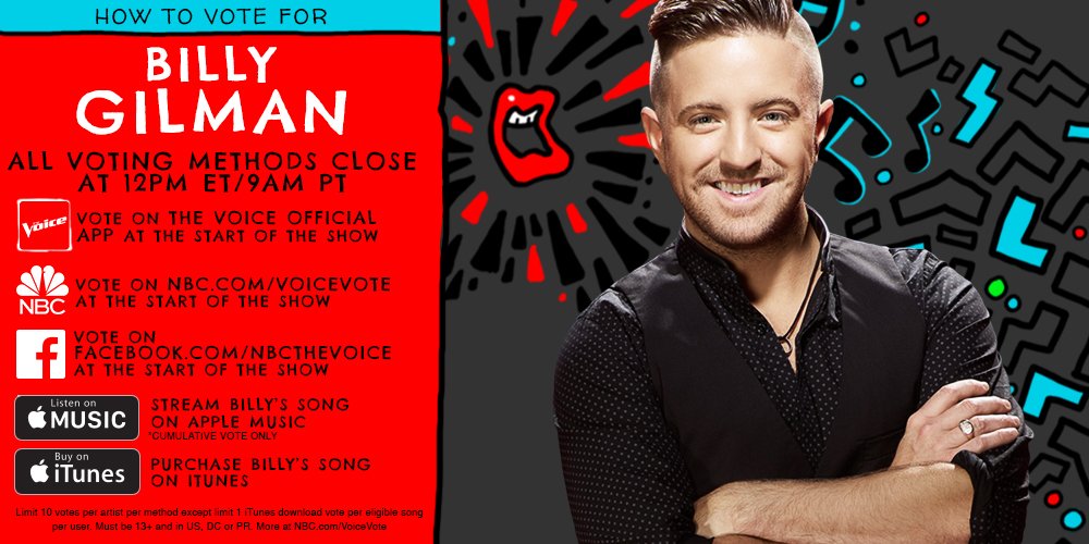 RT @NBCTheVoice: All we ask if that you RETWEET if you’re voting for @BillyGilman tonight. #VoiceTop11 https://t.co/k7RWo6gv63