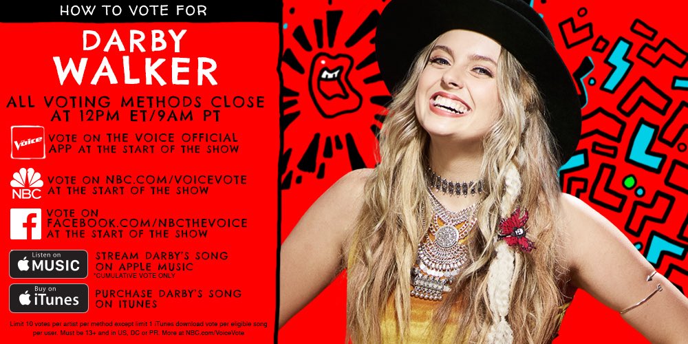 Vote for @DarbyAnneWalker now! Voting is open until 12pm ET/9am PT tomorrow! #VoiceTop12 #TeamMiley https://t.co/rYSEaGbUFD