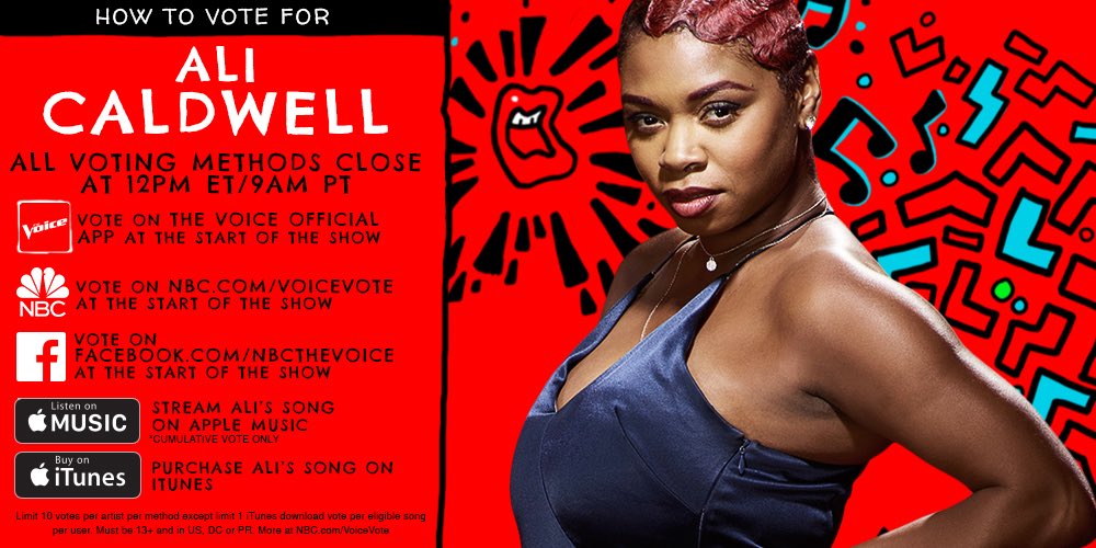 Vote for @iamAliCaldwell now! Voting is open until 12pm ET/9am PT tomorrow! #VoiceTop12 #TeamMiley https://t.co/8ivGtQzxbq