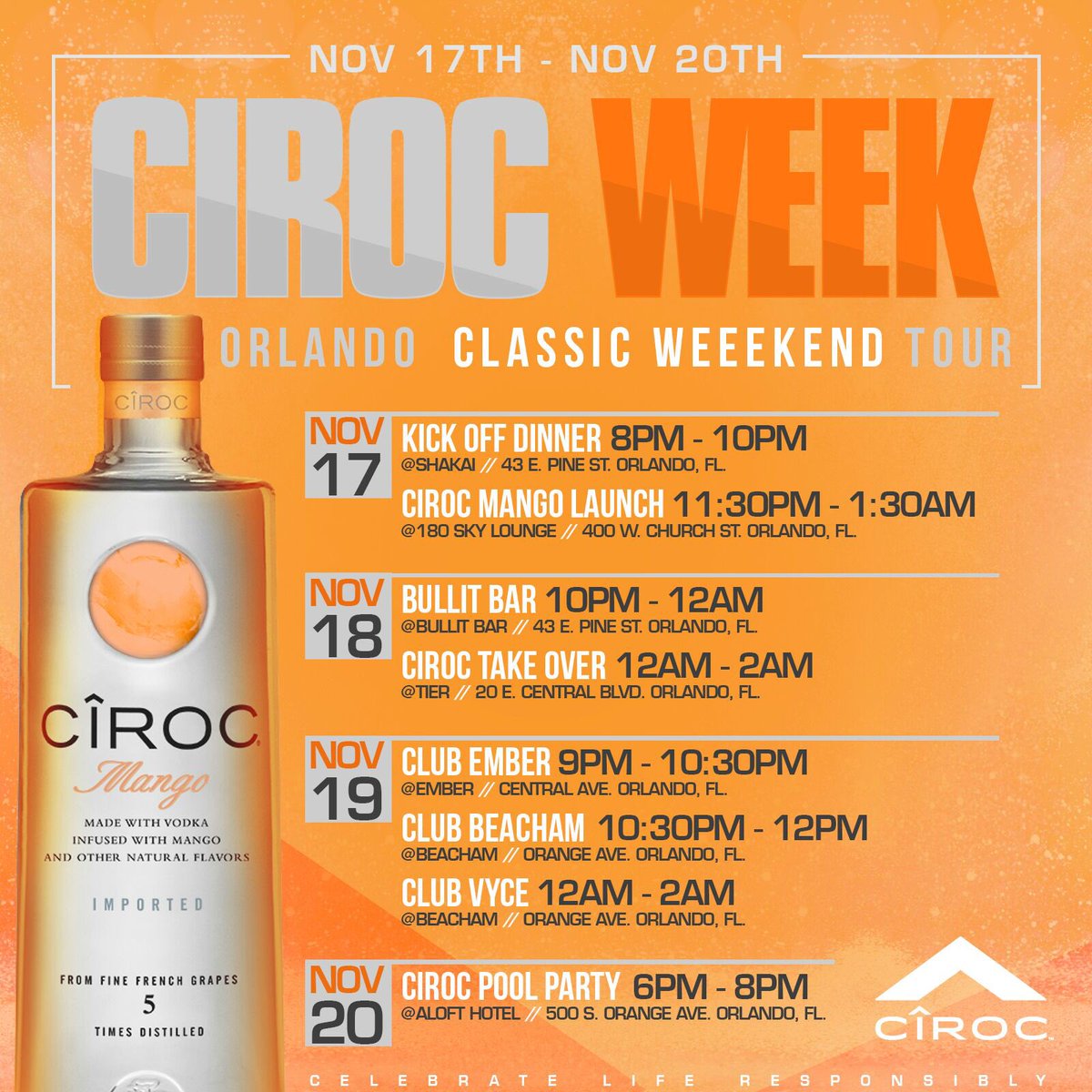 Orlando! Ciroc Week Is Back! Come Celebrate The #CirocLife at These Locations. @cirocmiami For More Info! #LetsGetIt https://t.co/YR09T8QSaw