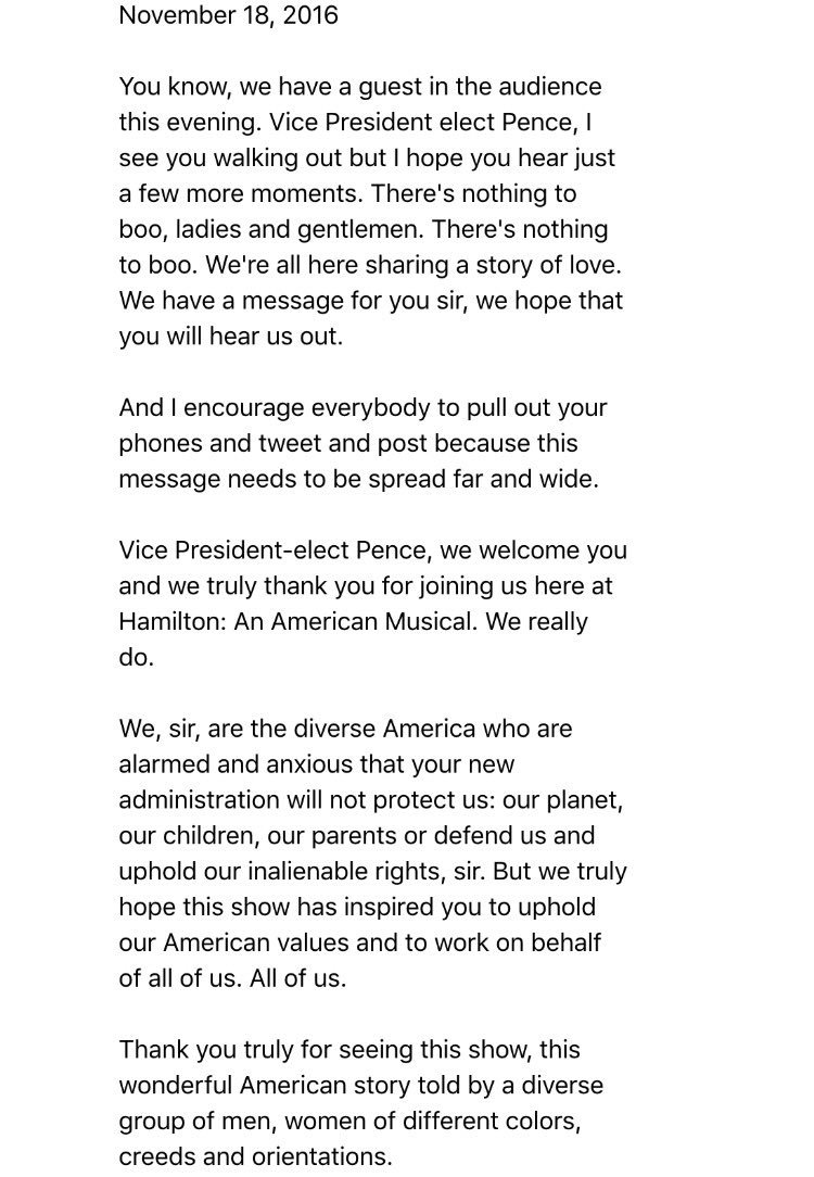 RT @HamiltonMusical: This is the statement made by @HamiltonMusical after the performance on November 18, 2016. https://t.co/H2UhXjvWUf