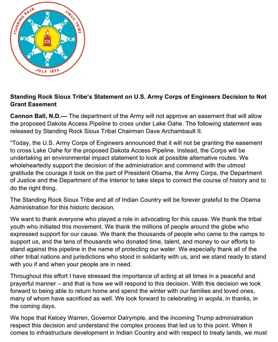 RT @MsKellyMHayes: I'm in tears. Standing Rock Sioux statement on today's developments. #NoDAPL #StandingRock https://t.co/87NggewKeE