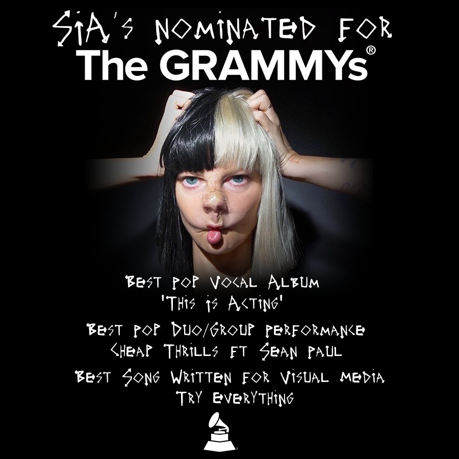 It's a big year for Sia at the #GRAMMYs! Thank you to the @RecordingAcad ❤️ https://t.co/6qPnmgw5jT - Team Sia https://t.co/Xw6DOr55Dn