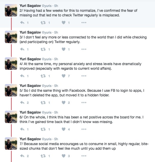 RT @paulg: Insightful thread from Yuri Sagalov on the benefits of using Twitter less. https://t.co/9hIouawPR3