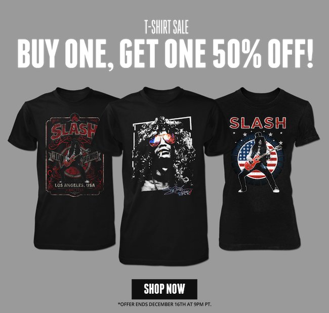 Buy one, get one 50% off t-shirt sale in the Slash store! https://t.co/FRmdFjoBie #slashnews https://t.co/4e80TpPFG7