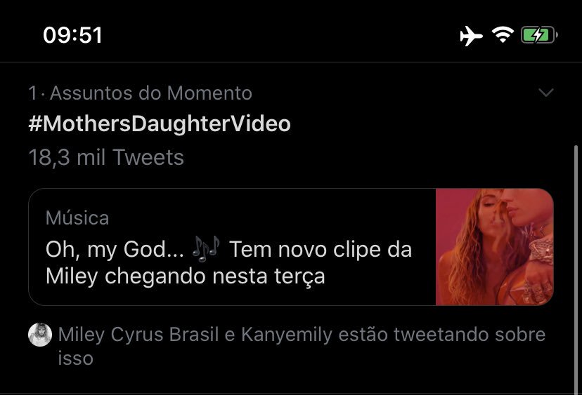 RT @MileyFontesCom: @MileyCyrus TRENDING #1 IN BRAZIL QUEEN! 
#MothersDaughterVideo https://t.co/Z3LsVXiwsd