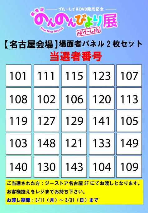 【名古屋】『『のんのんびより ばけーしょん』展』名古屋会場の抽選プレゼント企画、場面写真パネル当選者番号発表!添付の画像 【名古屋】『『のんのんびより ばけーしょん』展』名古屋会場の抽選プレゼント企画、場面写真パネル当選者番号発表!添付の画像
