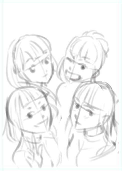 夏の合同誌用に絵を描かせて貰うことになったので、色々試作中なのですん。これは4人揃ってのイメージラフ。キャラ寄せるのは追 夏の合同誌用に絵を描かせて貰うことになったので、色々試作中なのですん。これは4人揃ってのイメージラフ。キャラ寄せるのは追
