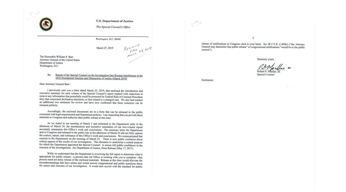 RT @HouseJudiciary: BREAKING: Letter from Special Counsel Robert Mueller to Attorney General Barr. https://t.co/oDJm6coP8G