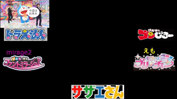 ドラえもん:お休みゴンじろー:25日10:26ファントミ:26日9:25プリチャン:26日10:25サザエさん:26日1 ドラえもん:お休みゴンじろー:25日10:26ファントミ:26日9:25プリチャン:26日10:25サザエさん:26日1
