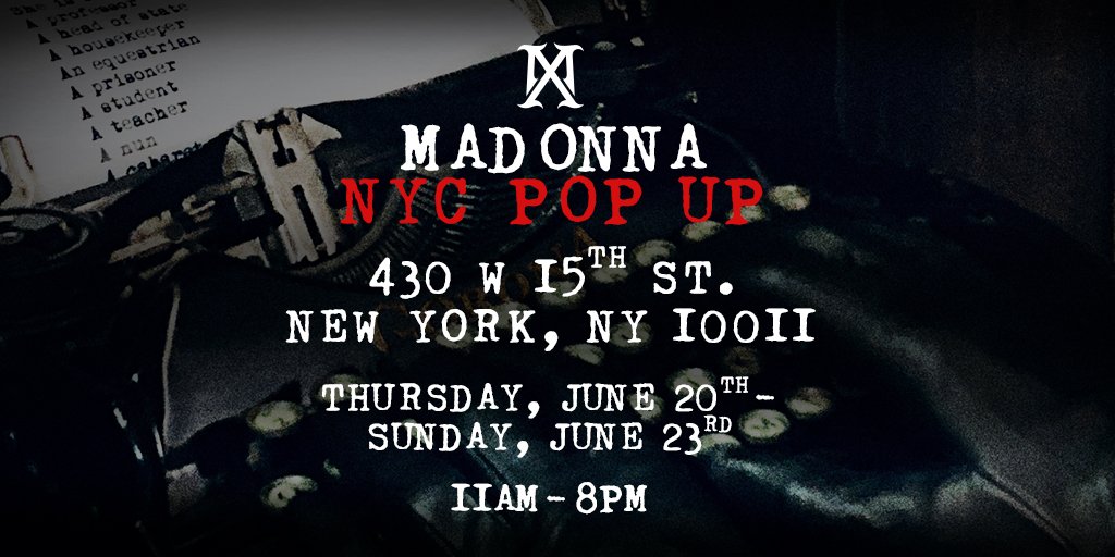 NYC #MadameX POP UP
430 W 15th St.
New York, NY 10011
Thursday, June 20th - Sunday, June 23rd
11AM-8PM https://t.co/DjZuy1LBqP