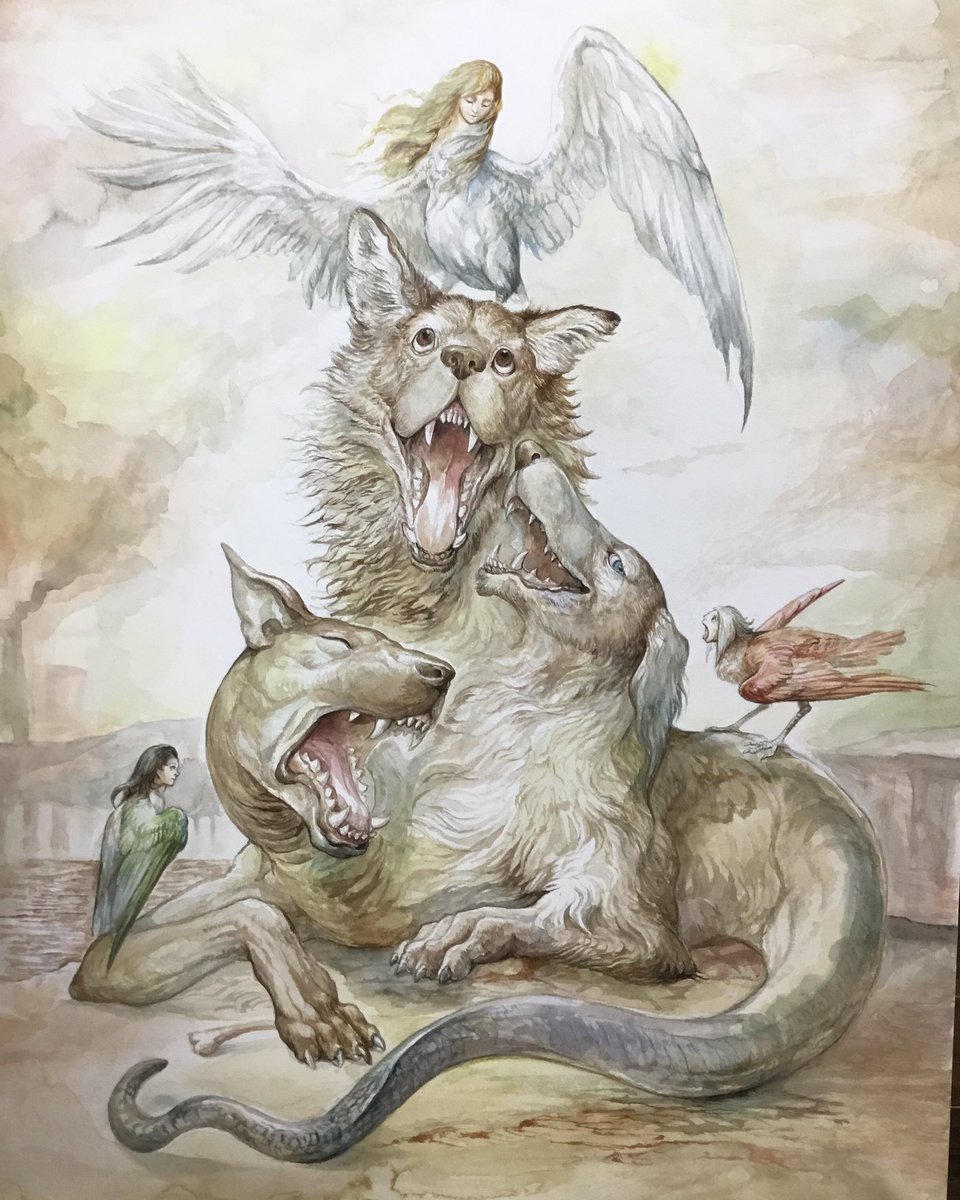 Cerberus and harpys地獄の沙汰も歌次第B2水彩2017年8月10日から東京交通会館にて展示予定です。# Cerberus and harpys地獄の沙汰も歌次第B2水彩2017年8月10日から東京交通会館にて展示予定です。#