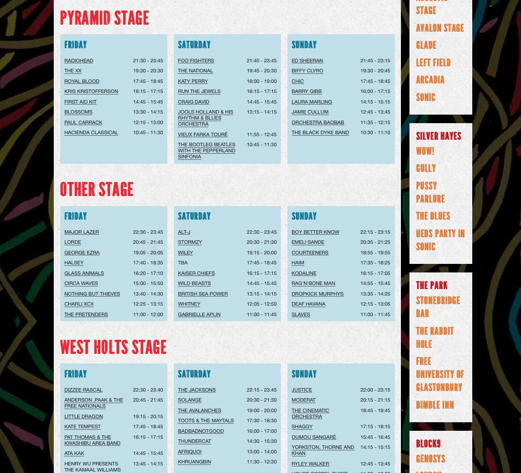 RT @GlastoFest: The full #Glastonbury2017 line-up - with set times - is here! 
-> https://t.co/wDCH0i0YJO https://t.co/FCaAyhXaHL