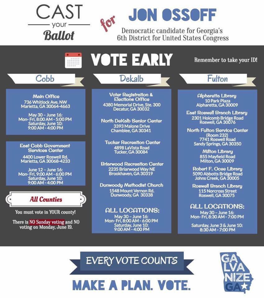 RT @DekalbGADems: Early voting locations. Get out and vote! #flipthe6th #VoteYourOssoff #atlanta #GA06 #Ossoff https://t.co/kIQfCbVK69