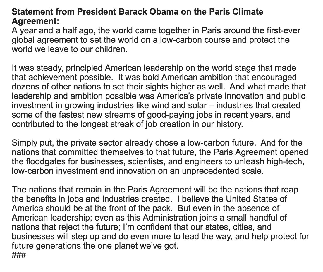 RT @BraddJaffy: Statement from Barack Obama on the Paris Climate Agreement https://t.co/SQc6kQV0Ah
