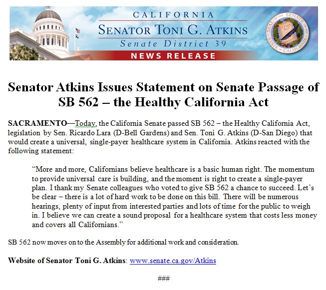 RT @SenToniAtkins: My statement on the Senate's passage of #SB562 #SinglePayer: https://t.co/arPeQ6iN9G