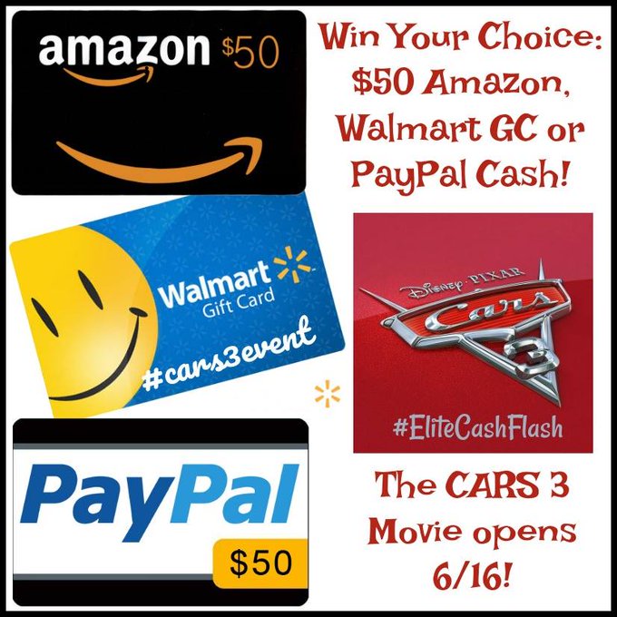 $50 Amazon/Walmart/PP-1-WW-Cars 3 -Ends 6/24 $50 Amazon/Walmart/PP-1-WW-Cars 3 -Ends 6/24