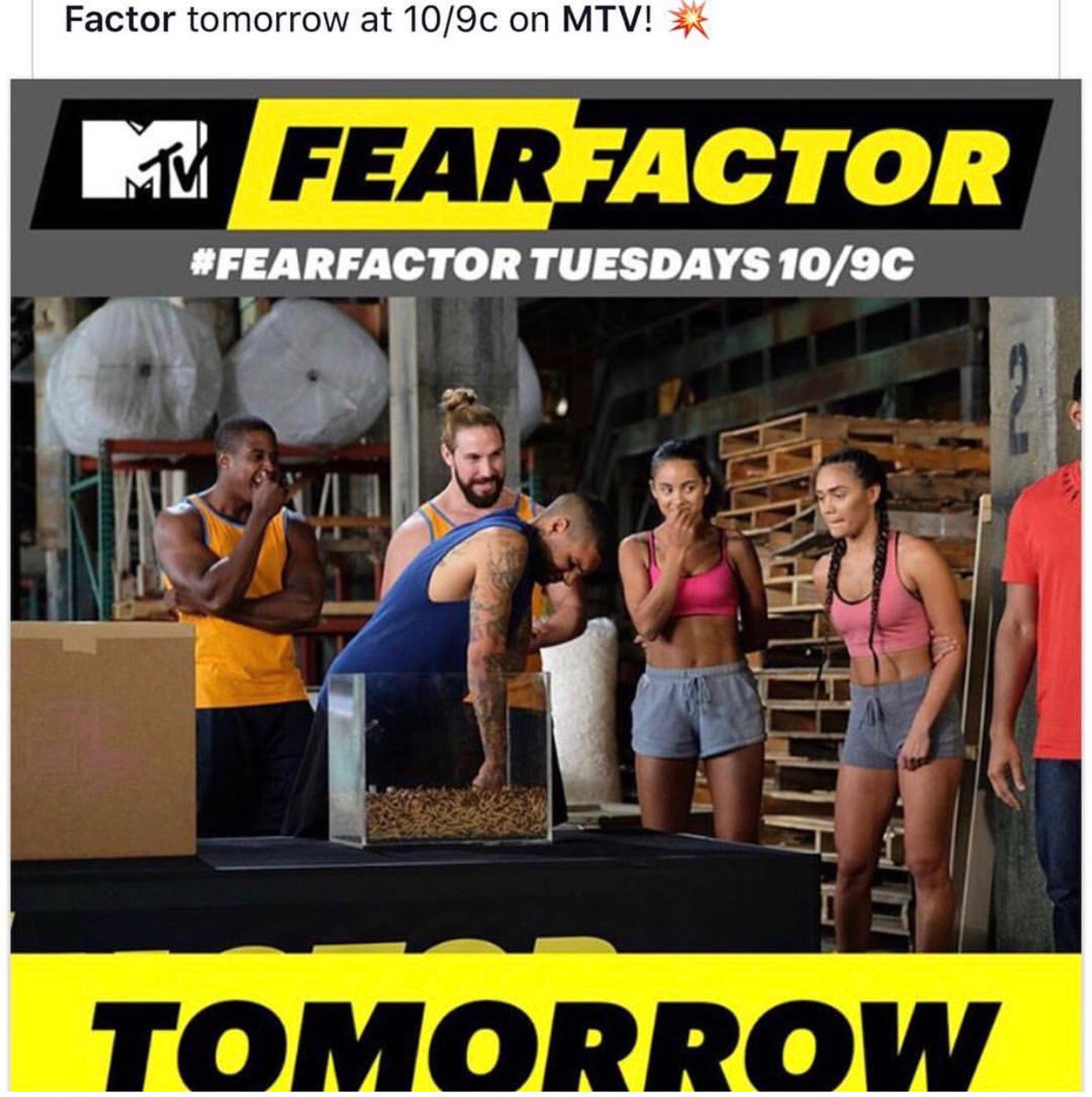 Tmrw I'm taking over @fearfactor twitter! Make sure you tune in to the show tmrw! https://t.co/6QAhuVEmtJ