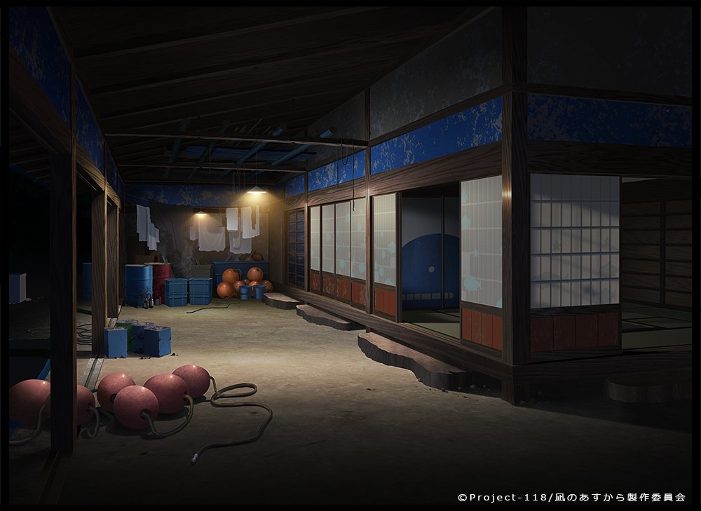 凪のあすから 今日の一枚木原家の作業場の夜。おじいちゃんと網直してる時「ゲンキダヨ」と紡が言うシーンのボード。虫の声とさ 凪のあすから 今日の一枚木原家の作業場の夜。おじいちゃんと網直してる時「ゲンキダヨ」と紡が言うシーンのボード。虫の声とさ