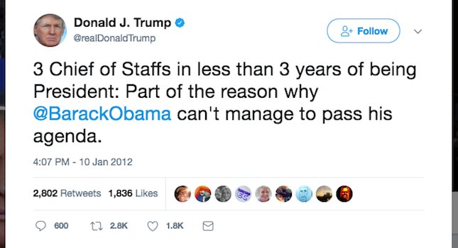 RT @thehill: Trump once mocked Obama for having three chiefs of staff in three years: https://t.co/IINIBSQ8al https://t.co/z2MDg4bvv5