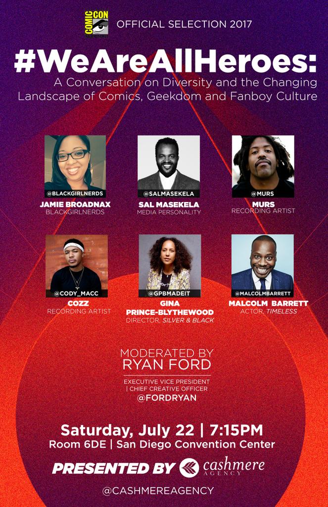 RT @BlackGirlNerds: Check out the #WeAreAllHeroes panel today!! #SDCC https://t.co/GWcACdv5Yd