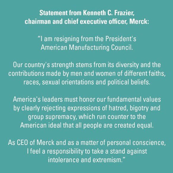 Thank you, Kenneth C. Frazier for your leadership. (Photo via @andreahagelgans) https://t.co/NfDL2nOgGF