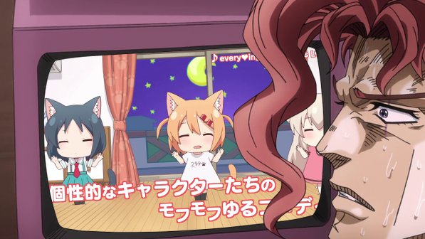 「ジョジョの奇妙な冒険 スターダストクルセイダース 41話」テレビでにゃんこデイズを見る花京院典明 「ジョジョの奇妙な冒険 スターダストクルセイダース 41話」テレビでにゃんこデイズを見る花京院典明