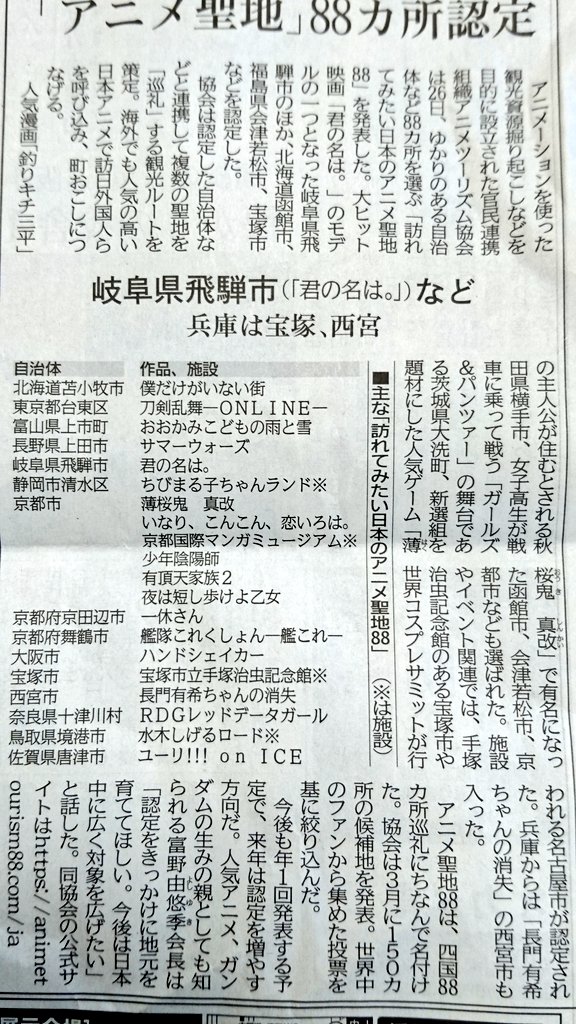 『訪れてみたい日本のアニメ聖地88(2018年版)』に『RDG~レッドデータガール~』(奈良県十津川村)。 『訪れてみたい日本のアニメ聖地88(2018年版)』に『RDG~レッドデータガール~』(奈良県十津川村)。