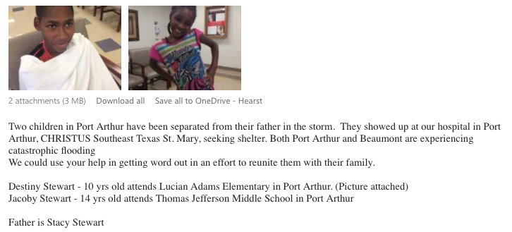 RT @lydiadepillis: Two kids separated from their father in Port Arthur. Christus Hospital is trying to find him. https://t.co/iSvqQnKbcj