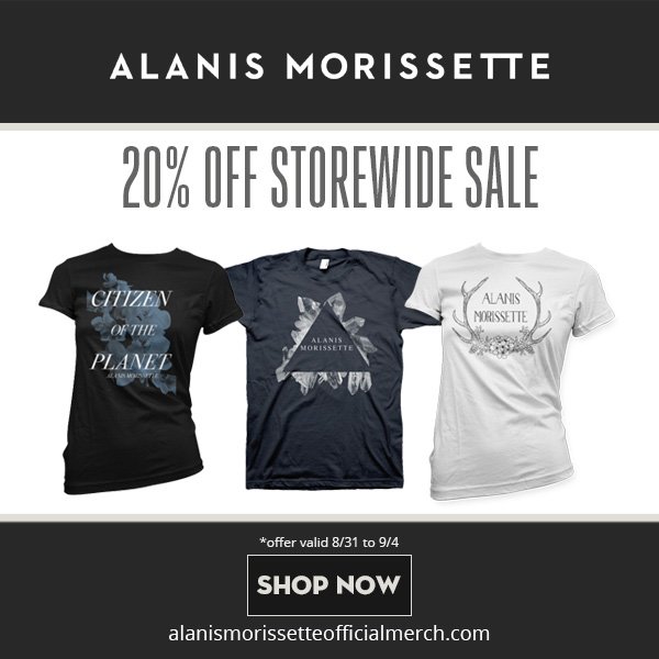 https://t.co/YMdO2l7H8G is having a 20% sale this weekend only on all Alanis merchandise! https://t.co/Ew7JCvpqbH