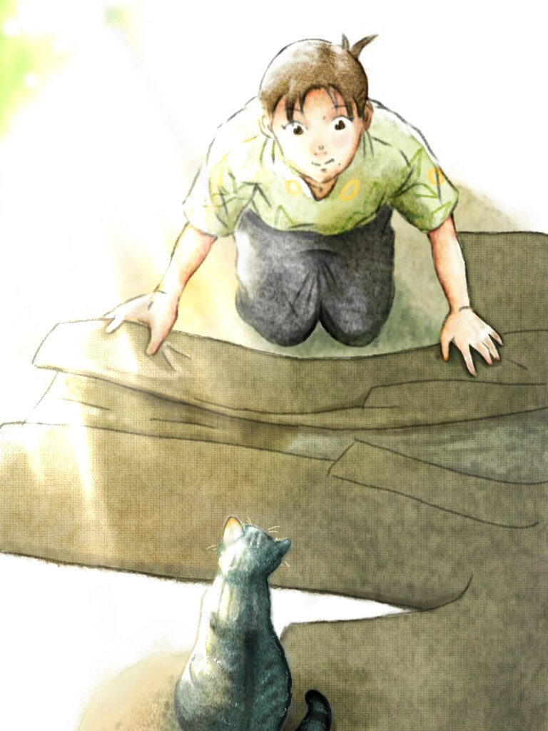 この世界の片隅に お題「まだまだ暑い」 すずと迷い猫を描きました。ibispaintで水彩表現に挑戦中です。#この世界 この世界の片隅に お題「まだまだ暑い」 すずと迷い猫を描きました。ibispaintで水彩表現に挑戦中です。#この世界