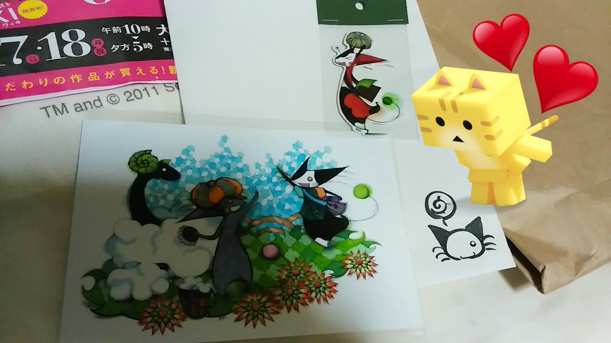にゃんぼーてづバでのお迎え品⑥実紀さんのステッカーとハガキ。いつもハガキのイラストについて沢山お話しを聞かせていただいて にゃんぼーてづバでのお迎え品⑥実紀さんのステッカーとハガキ。いつもハガキのイラストについて沢山お話しを聞かせていただいて