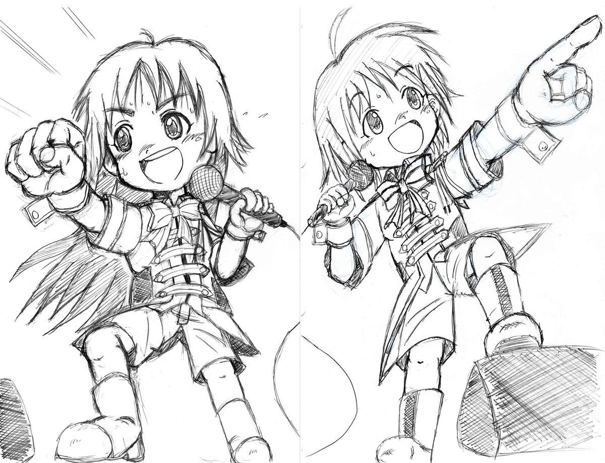 おまけ。13日の光くん誕生日絵と、20日の珠ちゃん誕生日絵をくっつけてみた。珠ちゃんを描く時に、光くんのイラストと並べる おまけ。13日の光くん誕生日絵と、20日の珠ちゃん誕生日絵をくっつけてみた。珠ちゃんを描く時に、光くんのイラストと並べる
